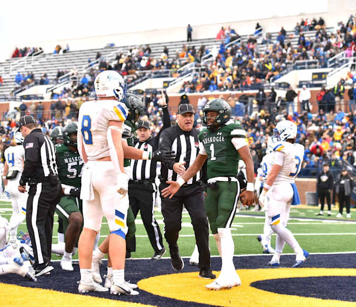 Muskogee quarterback Jamarian Ficklin (1) celebrates after scoring a touchdown during the Roughers' 28-26 win against Stillwater in the Class 6AII championship game Dec. 1, 2023. (Photo by Michael Kinney)